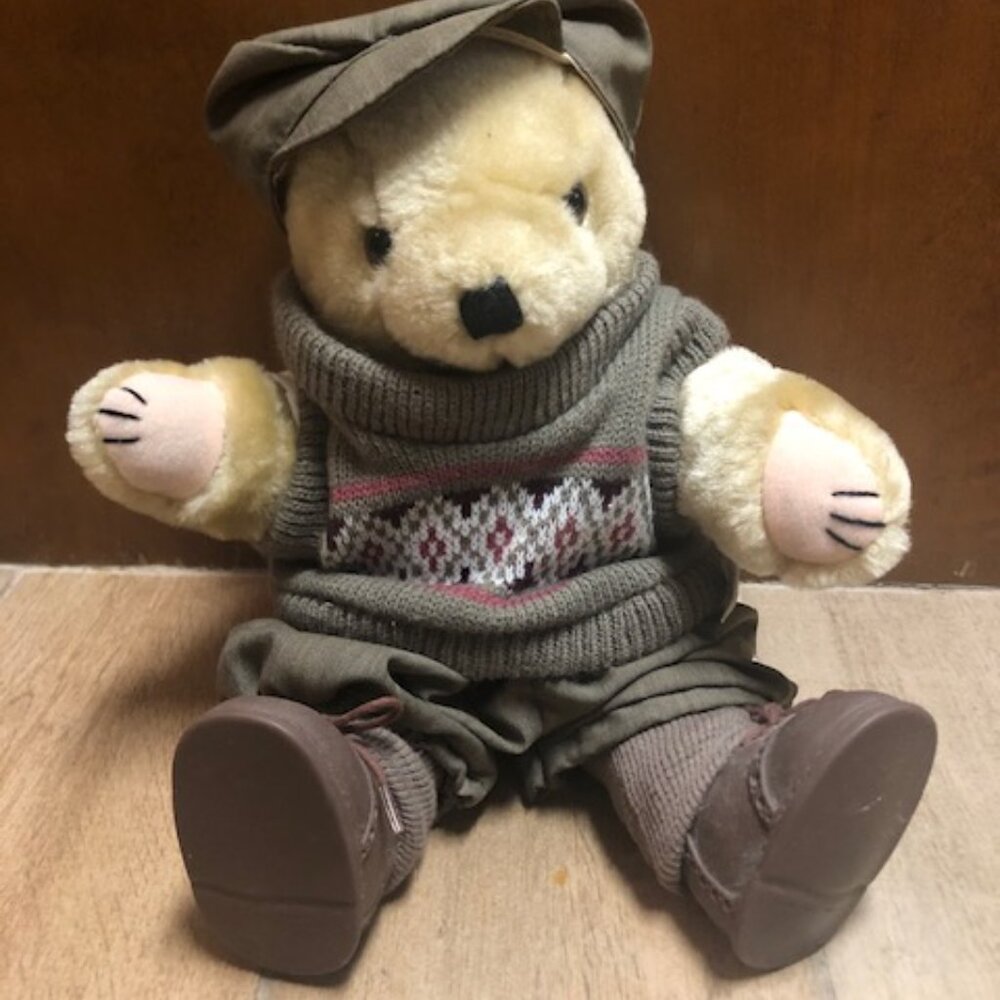 Tender Hearts Treasures Vintage Bear w/ sweater, hat and moustache 1992
